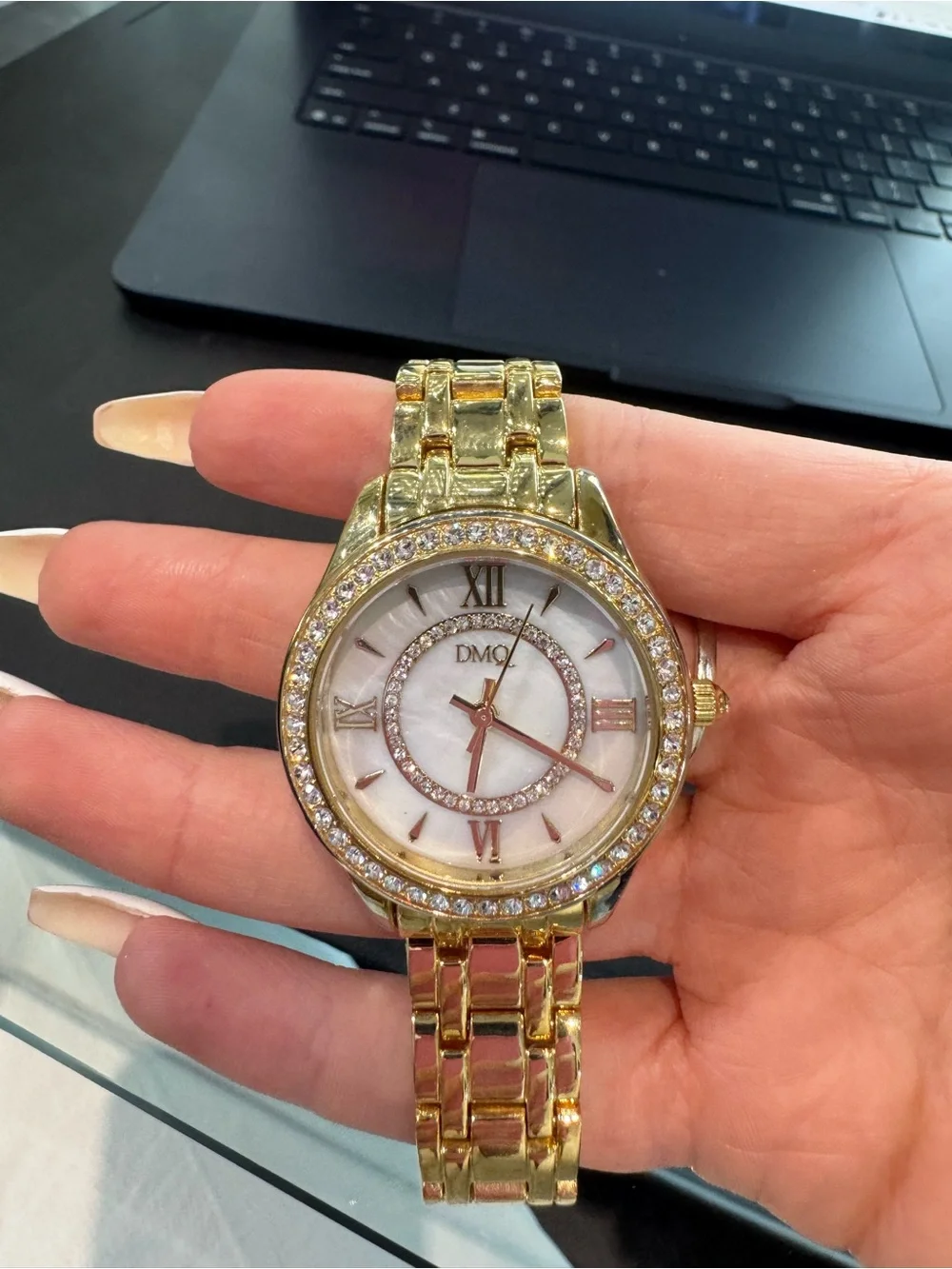 DMQ Women’s Gold-Tone Watch w/ Double Crystal Bezel, and Polished Link Bracelet
